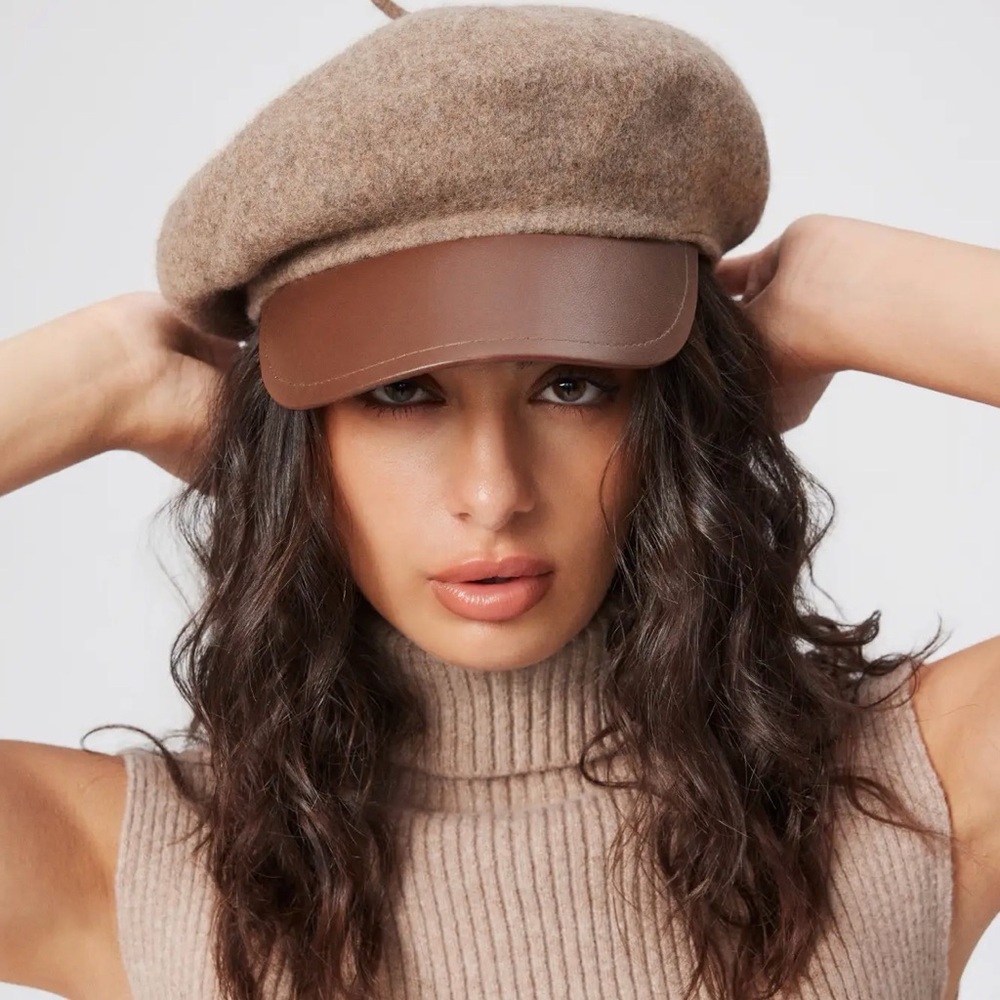 Cider Tan Wool-Blend Beret with Brown Leather Visor